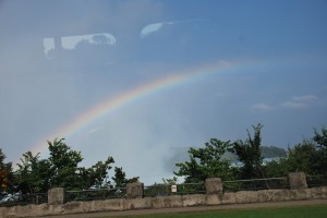 A rainbow forms over Niagara Falls